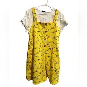 NWT Girls Yellow Floral Overall Romper Shorts White Short Sleeve Shirt - Size 14